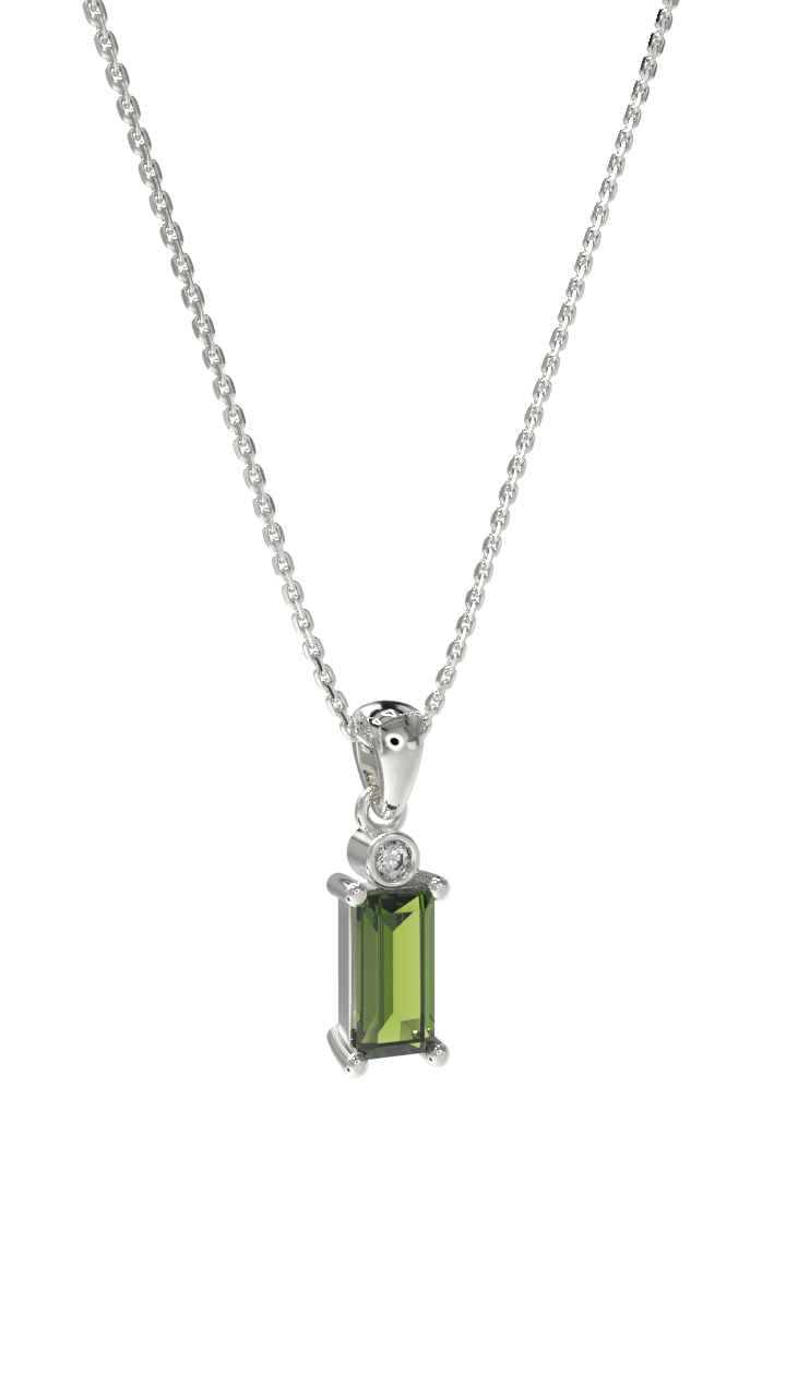 Peridot Solitaire Baguette Necklace Rhodium Plated Silver