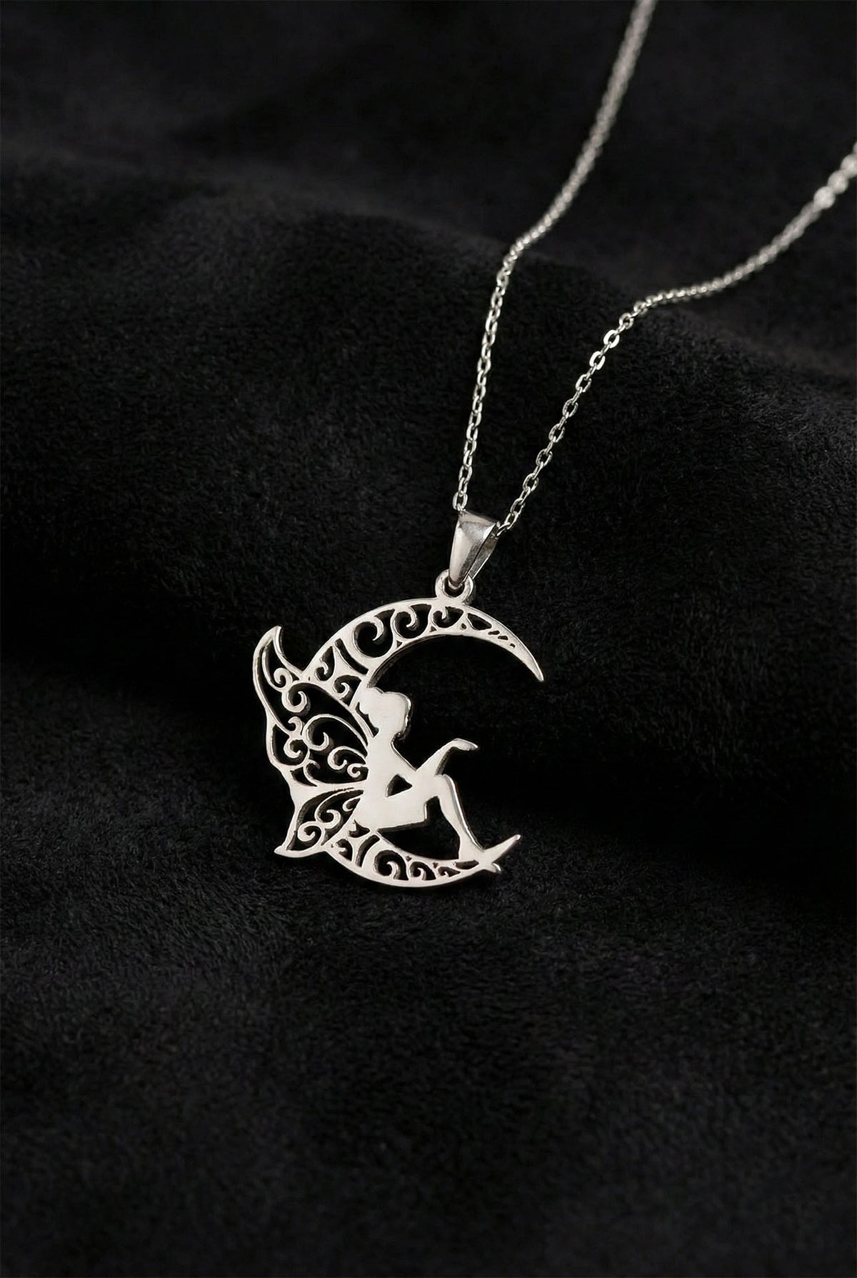 Rhodium Fairy on Crescent Moon Pendant Necklace in 925 sterling silver