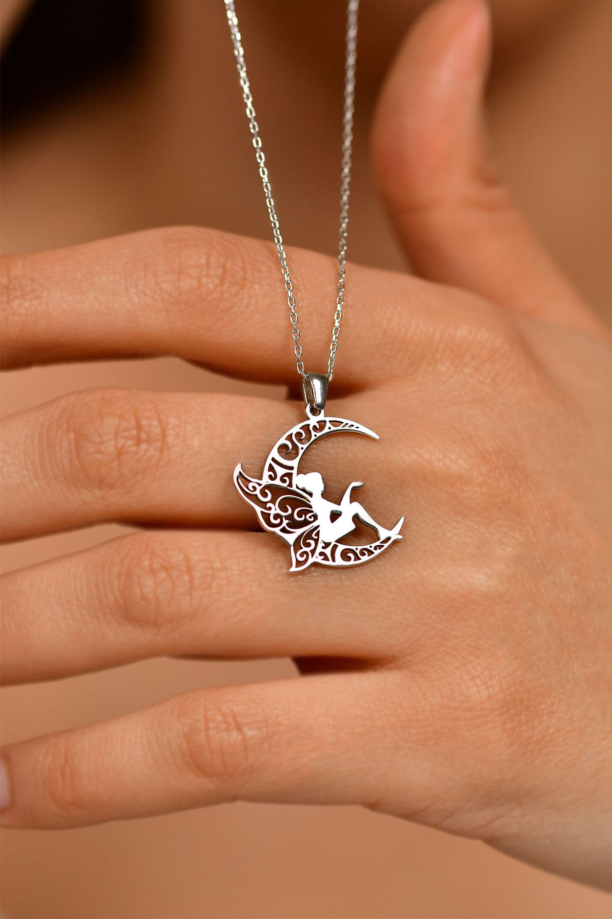 Rhodium Fairy on Crescent Moon Pendant Necklace | 925 Silver