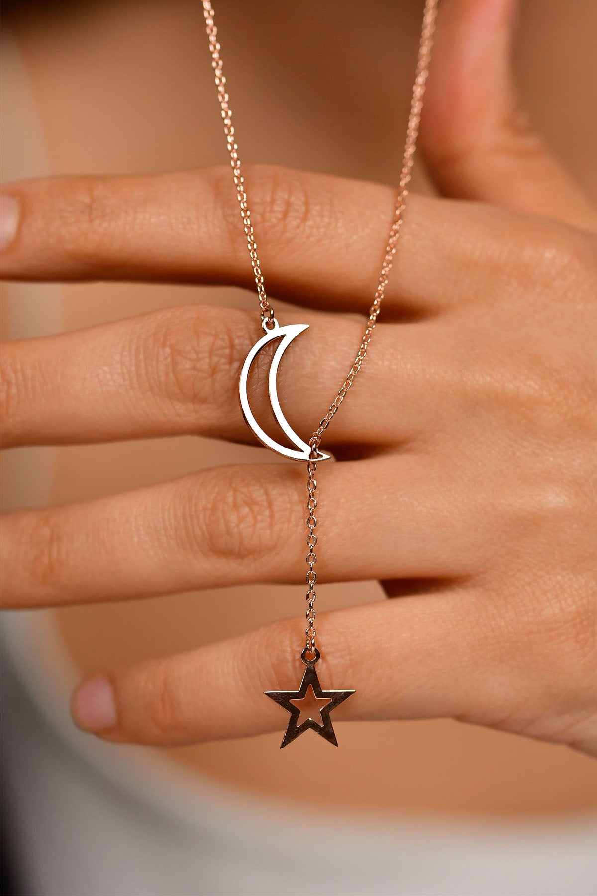 Rose Gold Adjustable Moon & Pendant Necklace | 925 Silver