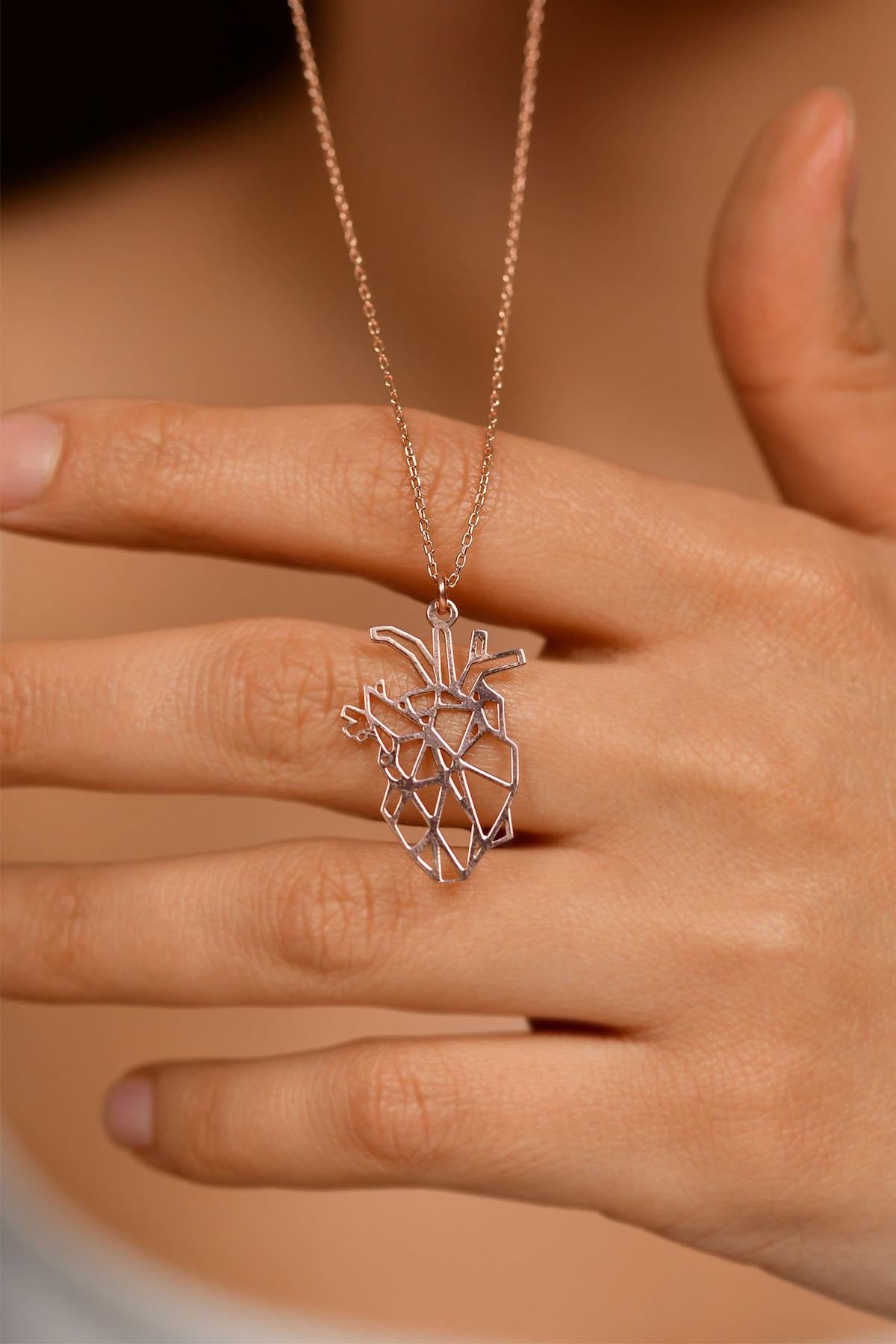 Rose Özel Tasarım Origami Kalp Gümüş Kolye