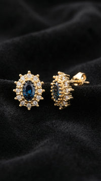 Safir Taşlı Gold Oval Anturaj Minimal Çivili Gümüş Küpe