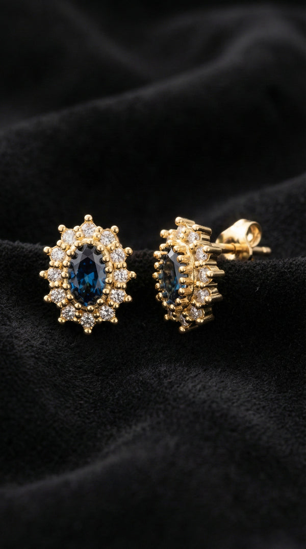 Safir Taşlı Gold Oval Anturaj Minimal Çivili Gümüş Küpe