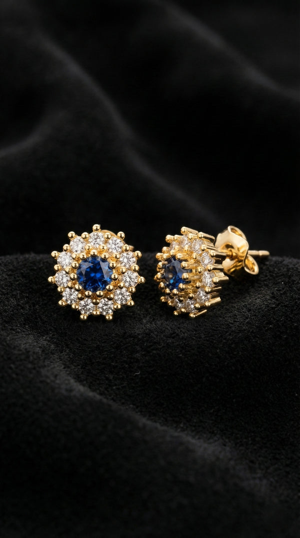 Safir Taşlı Gold Yuvarlak Anturaj Minimal Çivili Gümüş Küpe