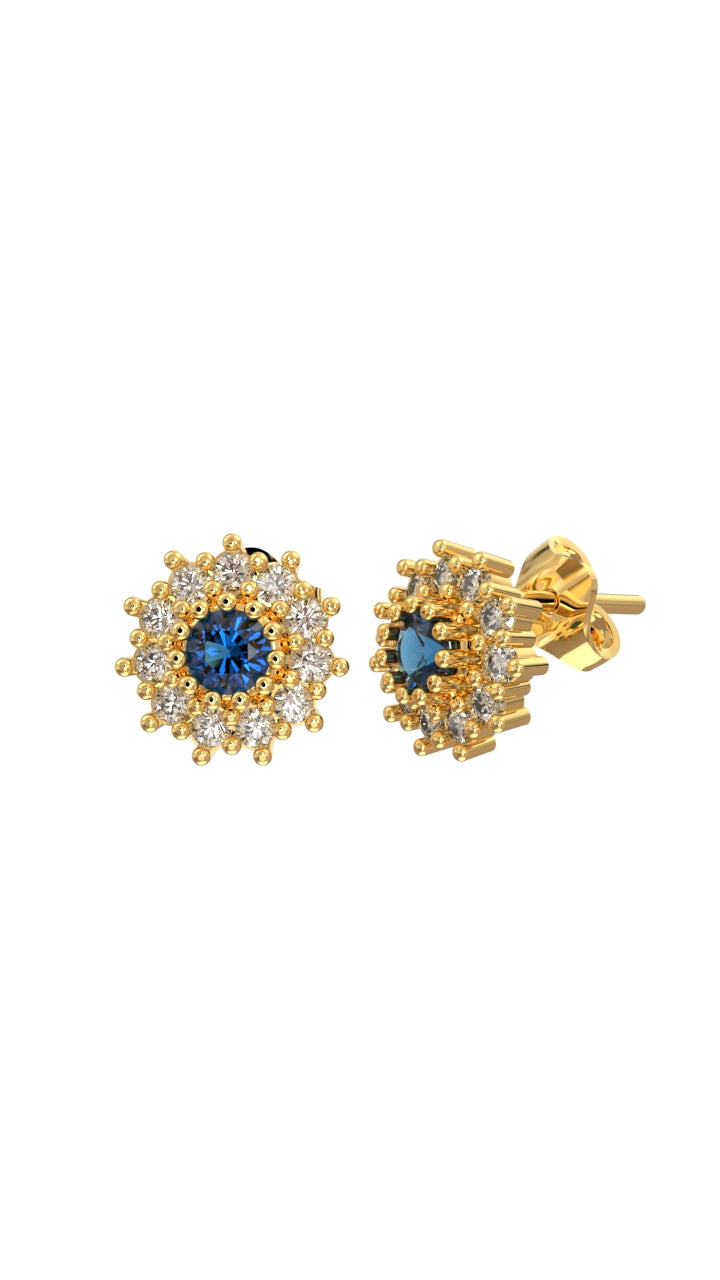 Sapphire Stone Gold Round Cluster Minimal Stud Silver Earring