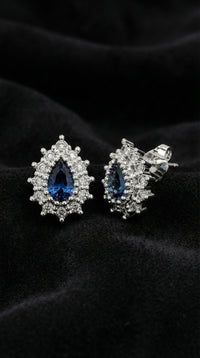 Rhodium-Plated Tear-Shaped Sapphire Minimal Stud Silver Earrings
