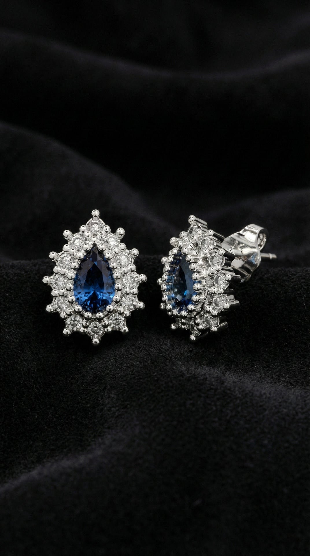 Rhodium-Plated Tear-Shaped Sapphire Minimal Stud Silver Earrings