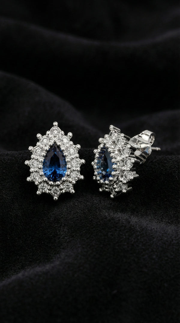 Rhodium-Plated Tear-Shaped Sapphire Minimal Stud Silver Earrings