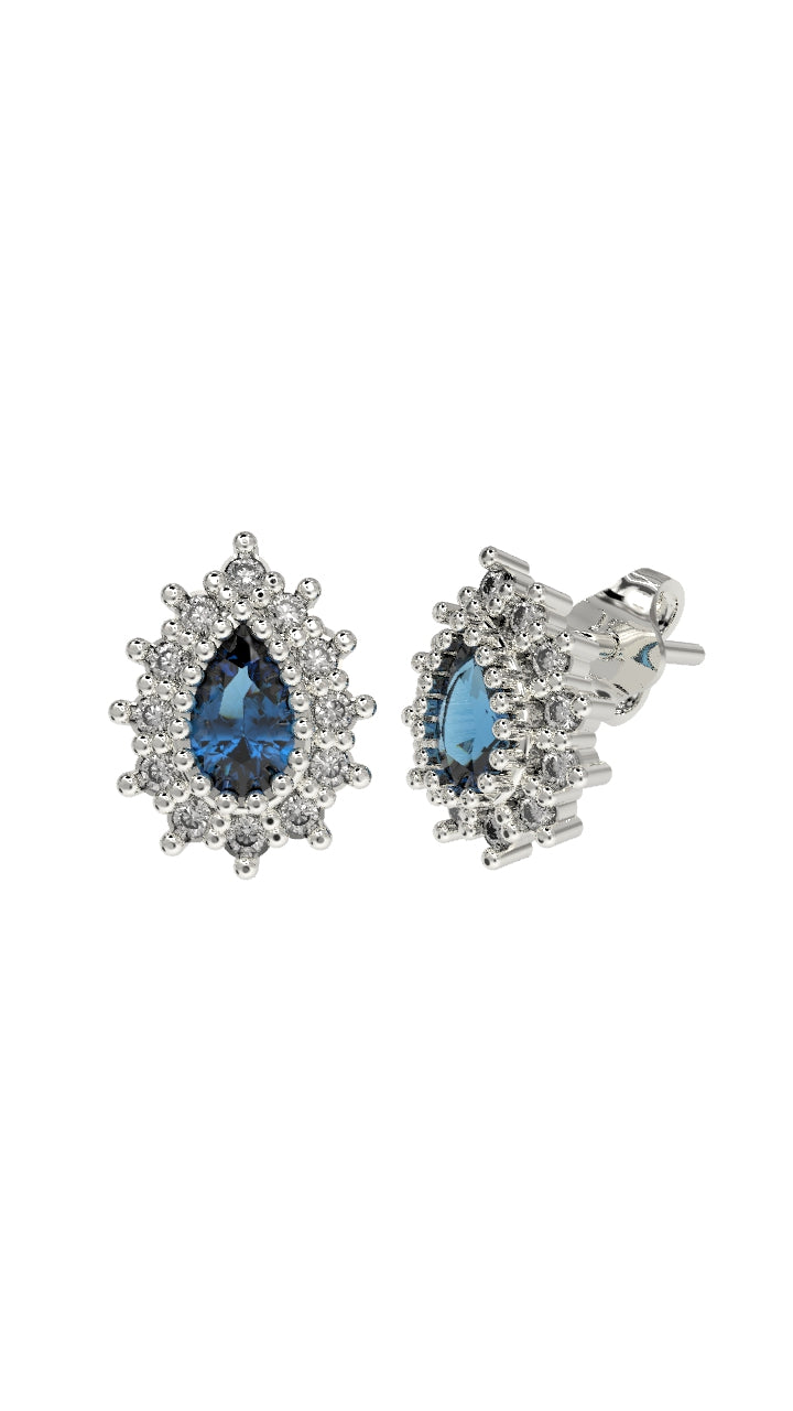Sapphire Drop Halo Minimalist Stud Earrings Rhodium Plated Silver