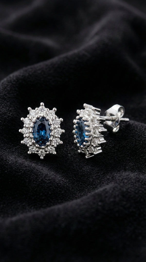 Safir Taşlı Rodyum Oval Anturaj Minimal Çivili Gümüş Küpe