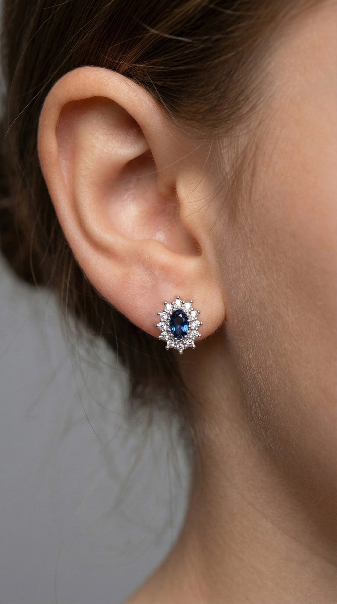 Sapphire Oval Halo Minimalist Stud Earrings Rhodium Plated Silver