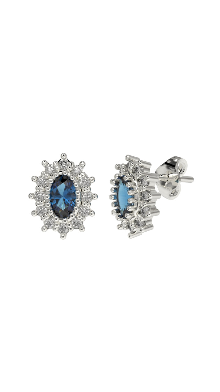 Sapphire Oval Halo Minimalist Stud Earrings Rhodium Plated Silver