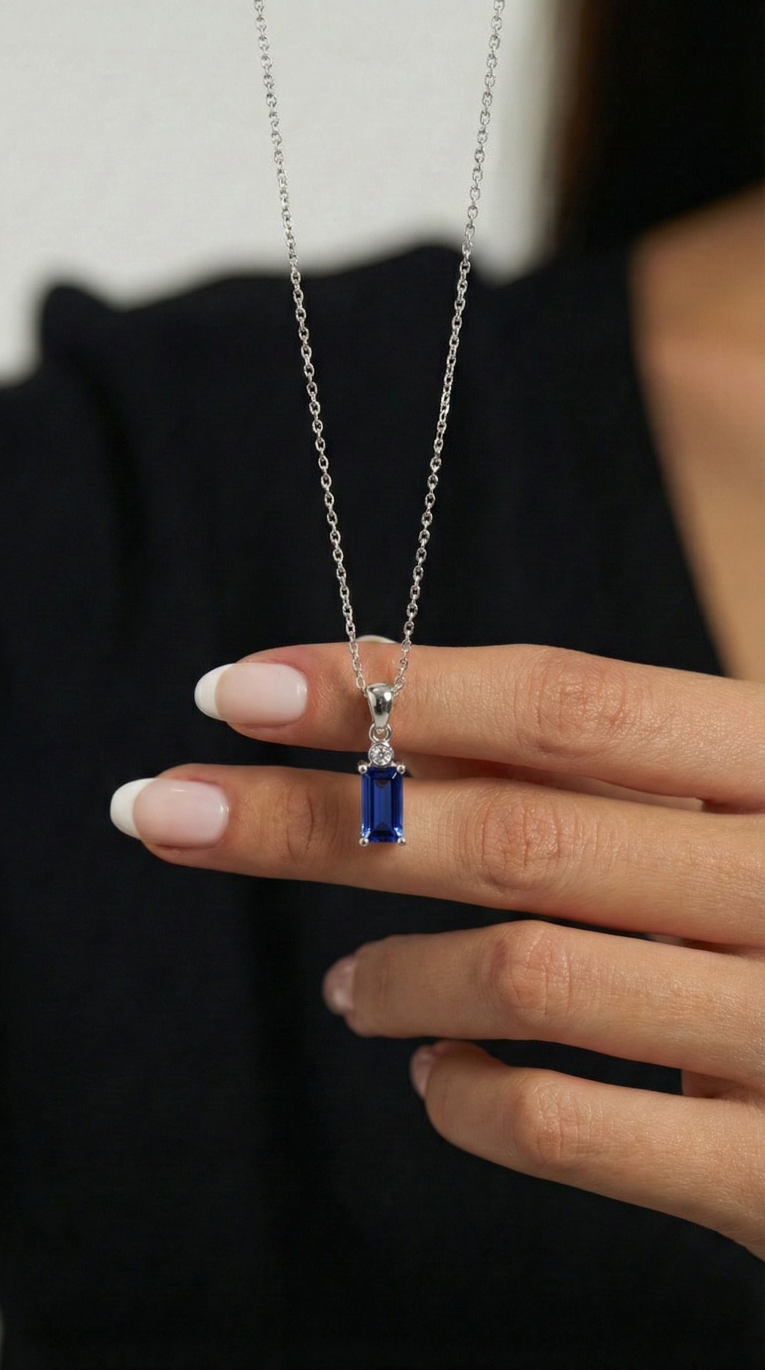 Sapphire Solitaire Baguette Necklace Rhodium Plated Silver