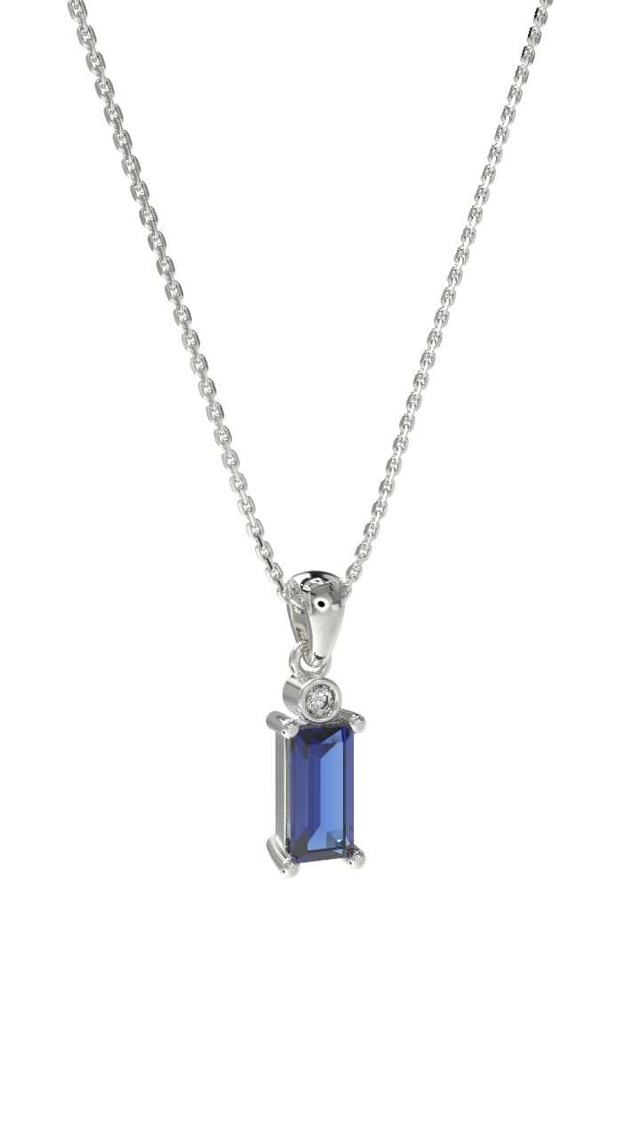 Sapphire Solitaire Baguette Necklace Rhodium Plated Silver