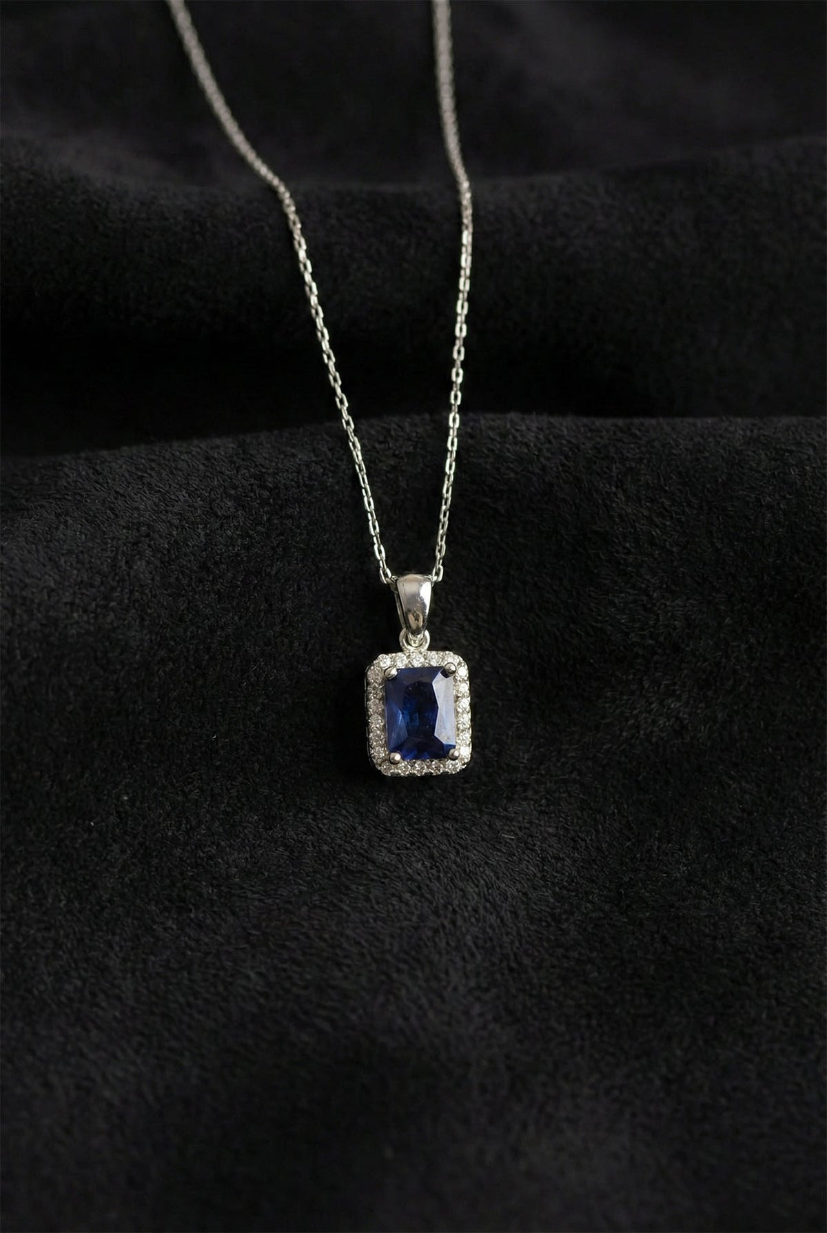 Emerald Cut Sapphire Halo Necklace | 925 Silver