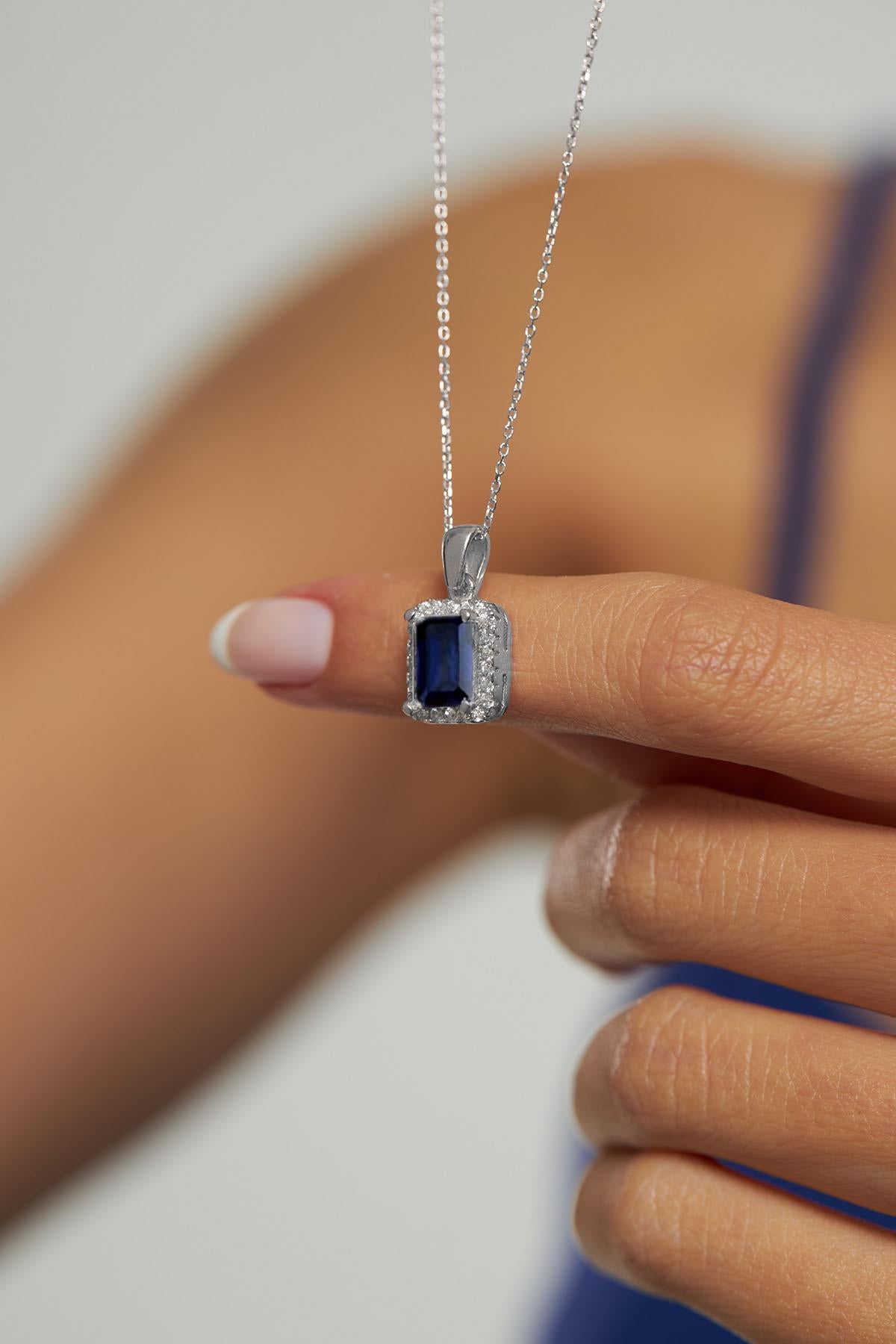 Sapphire Horizontal Baguette Necklace Rhodium Plated Silver