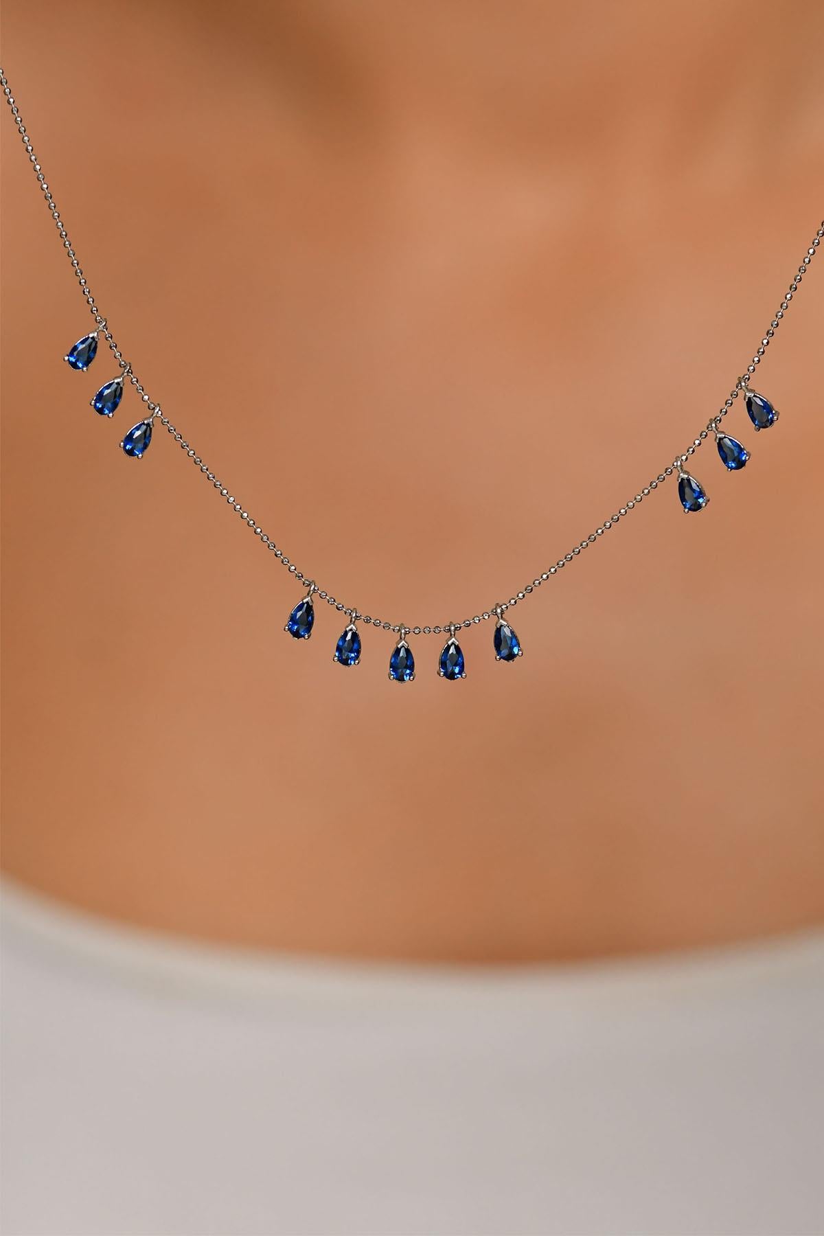 Rhodium-Plated Three-Row Sapphire Shakira Teardrop Silver Necklace
