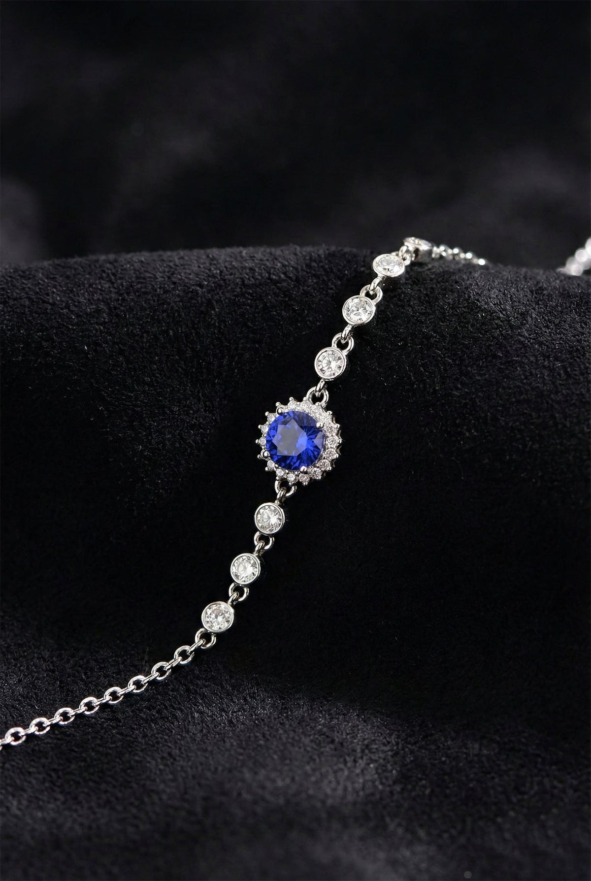 Rhodium Sapphire Round Halo, Blue Bracelet in 925 sterling silver