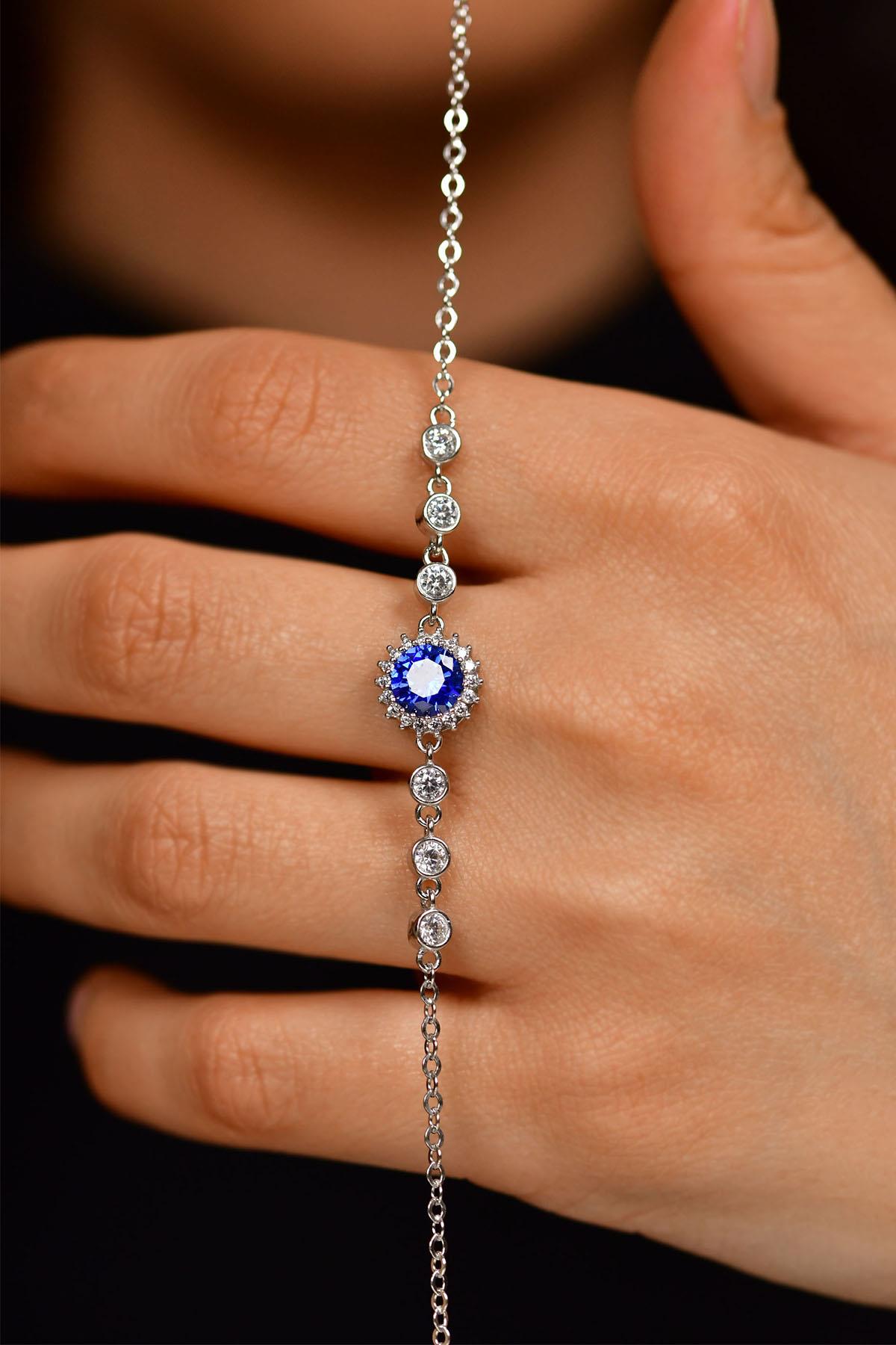 Sapphire Round Halo Bracelet Rhodium Plated Silver