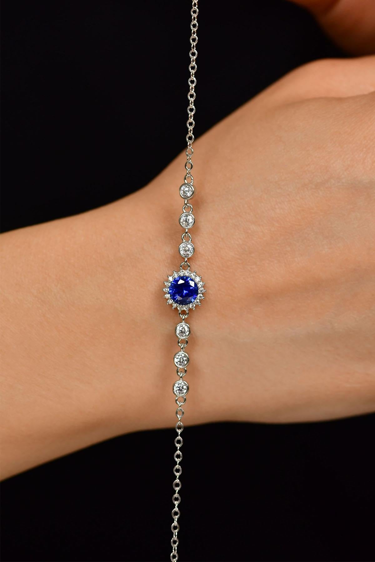 Sapphire Round Halo Bracelet Rhodium Plated Silver