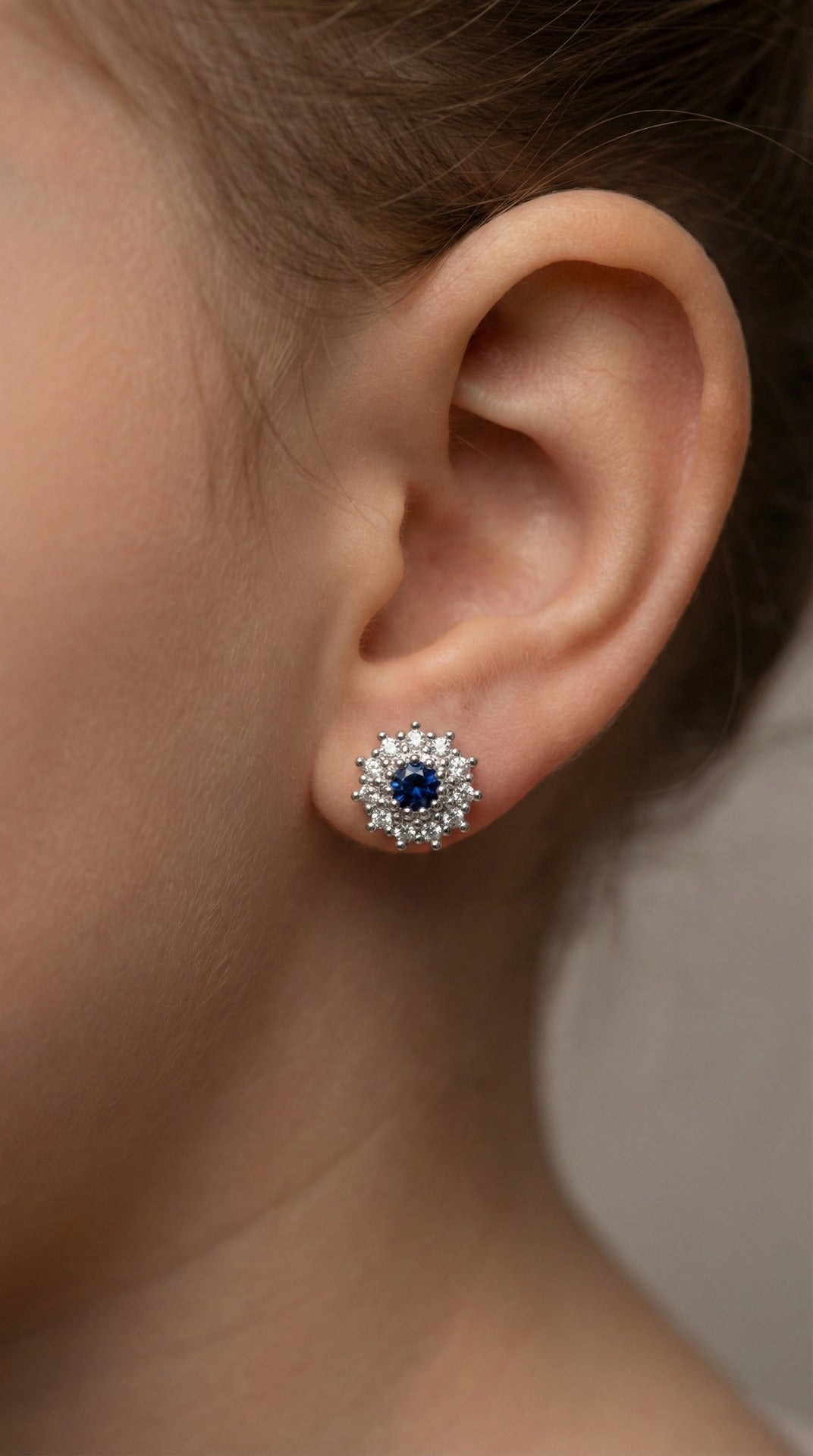 Sapphire Round Halo Minimalist Stud Earrings Rhodium Plated Silver
