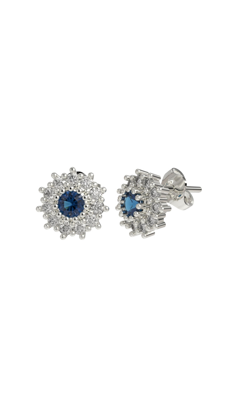 Sapphire Round Halo Minimalist Stud Earrings Rhodium Plated Silver