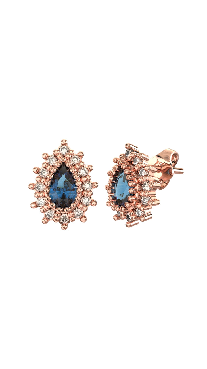 Sapphire Drop Halo Minimalist Stud Earrings Rose Gold Plated Silver