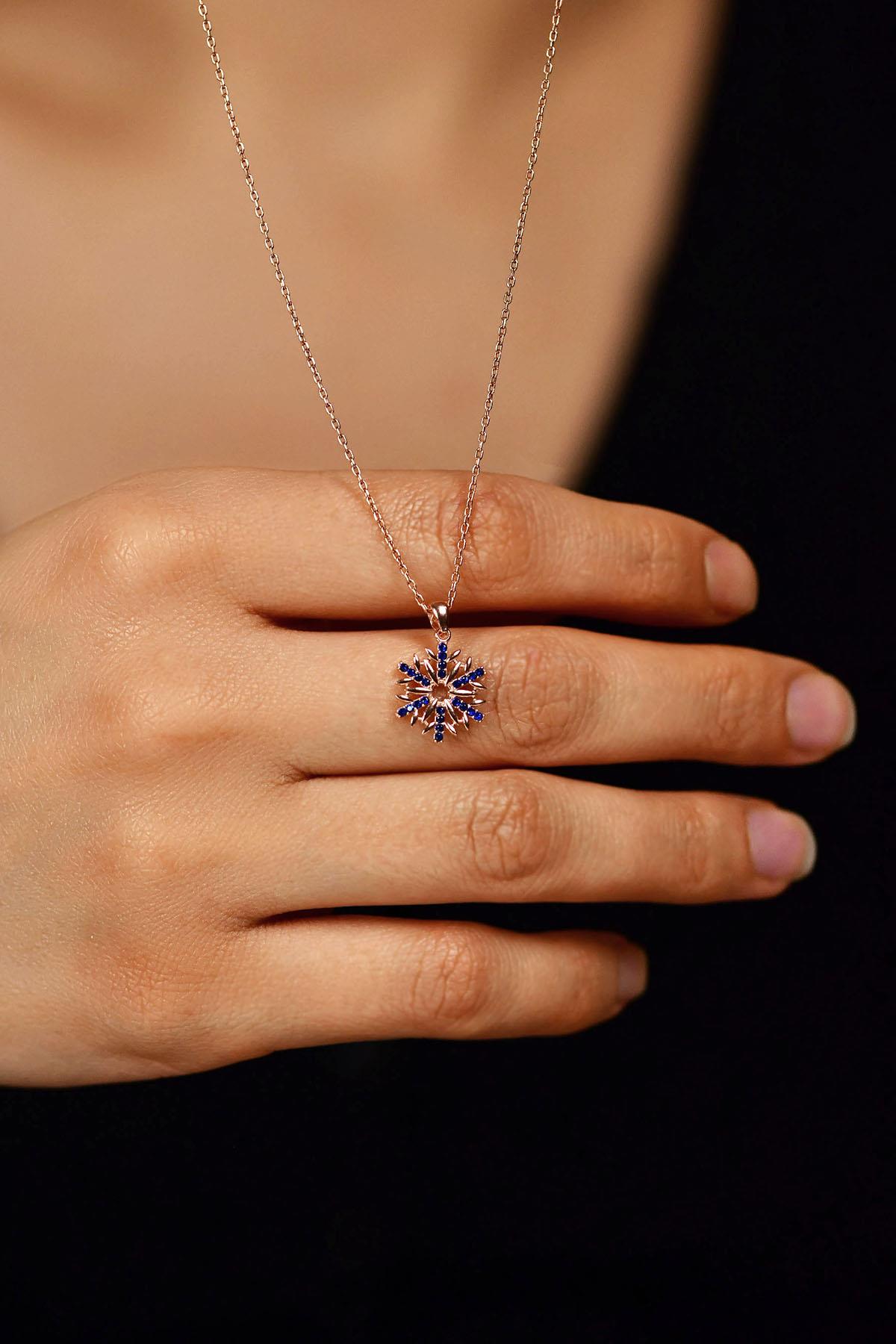 Sapphire Snowflake Necklace Rose Gold Plated Silver