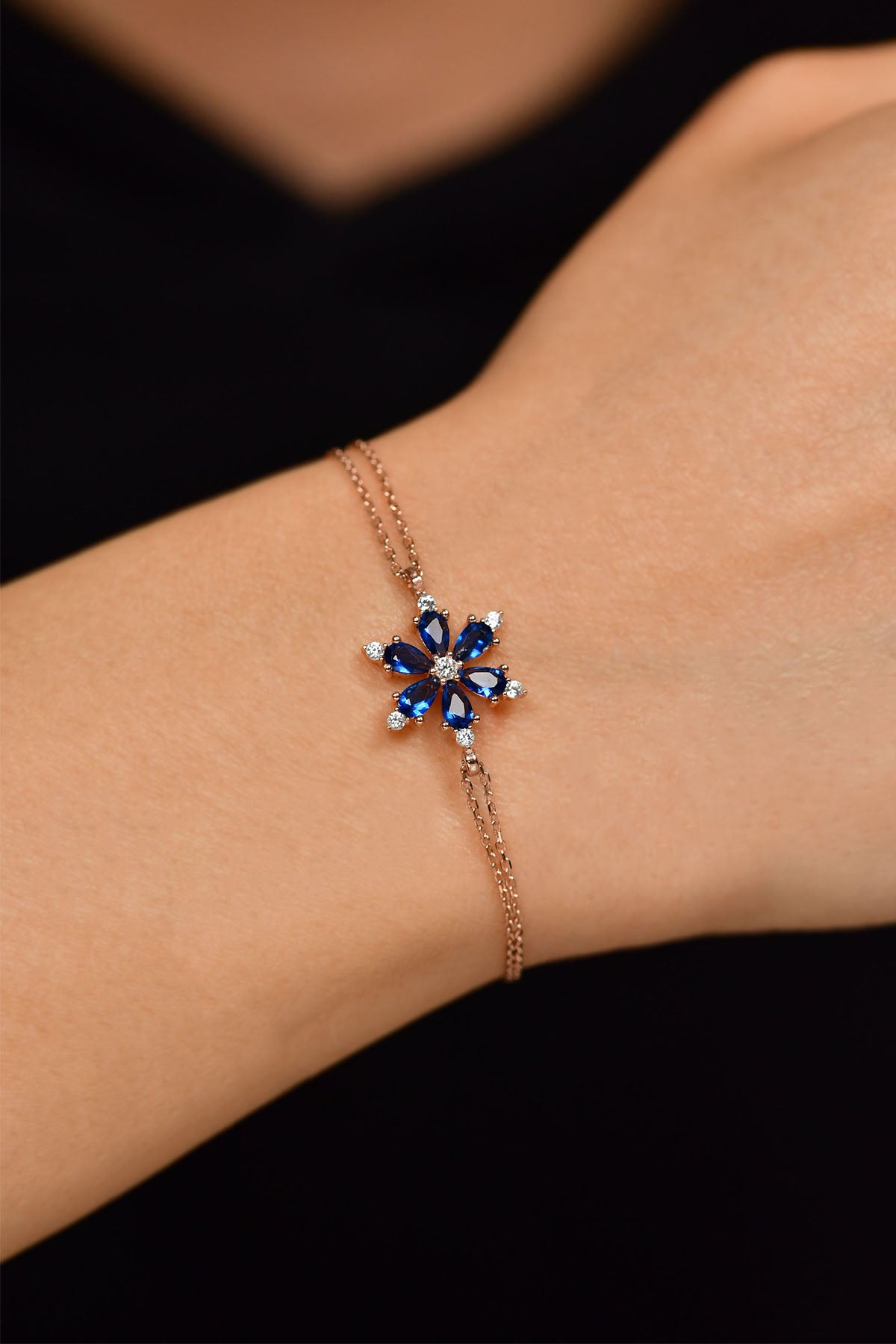 Rose Gold Sapphire Lotus Flower Bracelet | 925 Silver