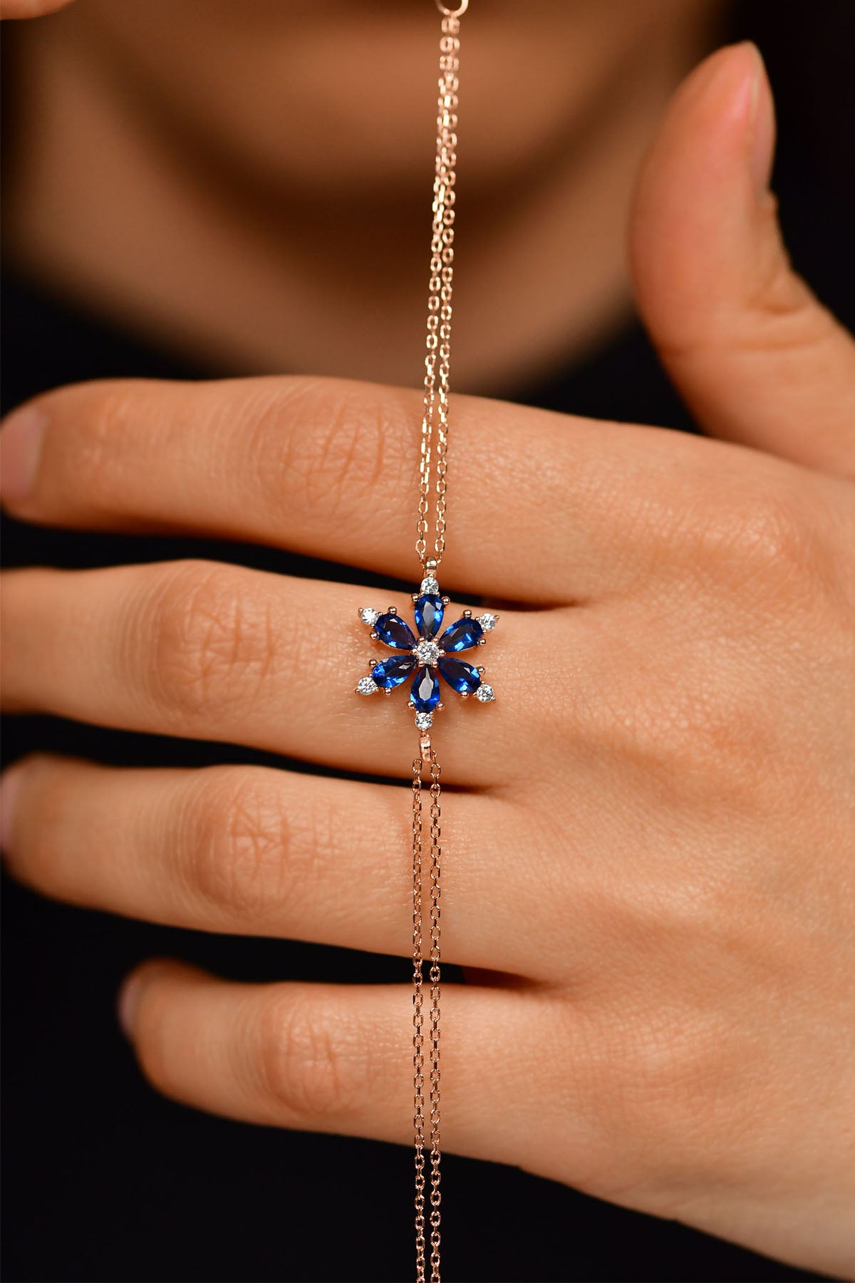Rose Gold Sapphire Lotus Flower Bracelet | 925 Silver