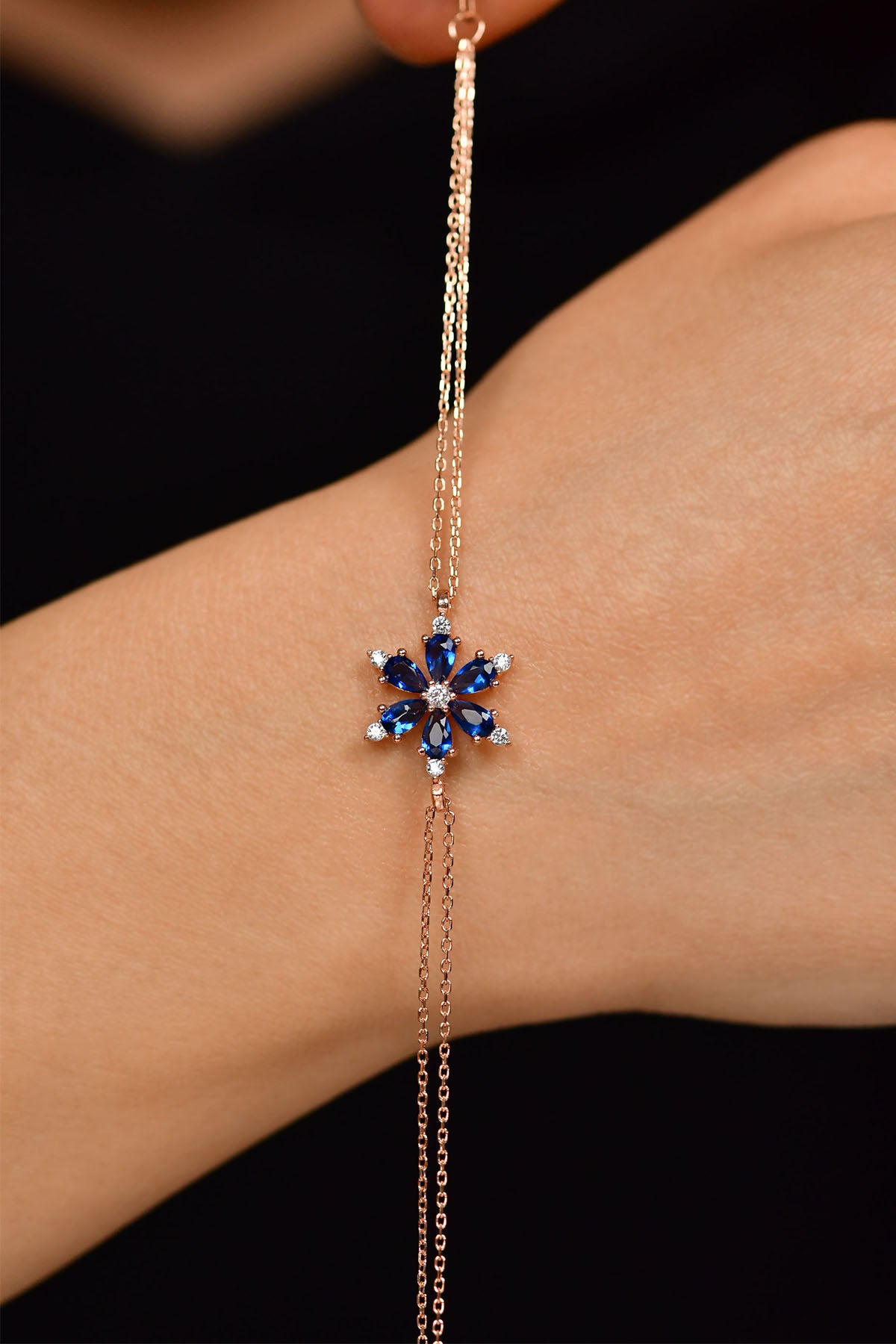 Rose Gold Sapphire Lotus Flower Bracelet | 925 Silver
