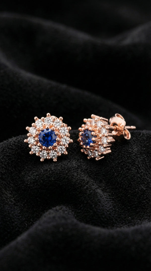 Sapphire Gemstone Rose Round Entourage Minimal Stud Silver Earrings