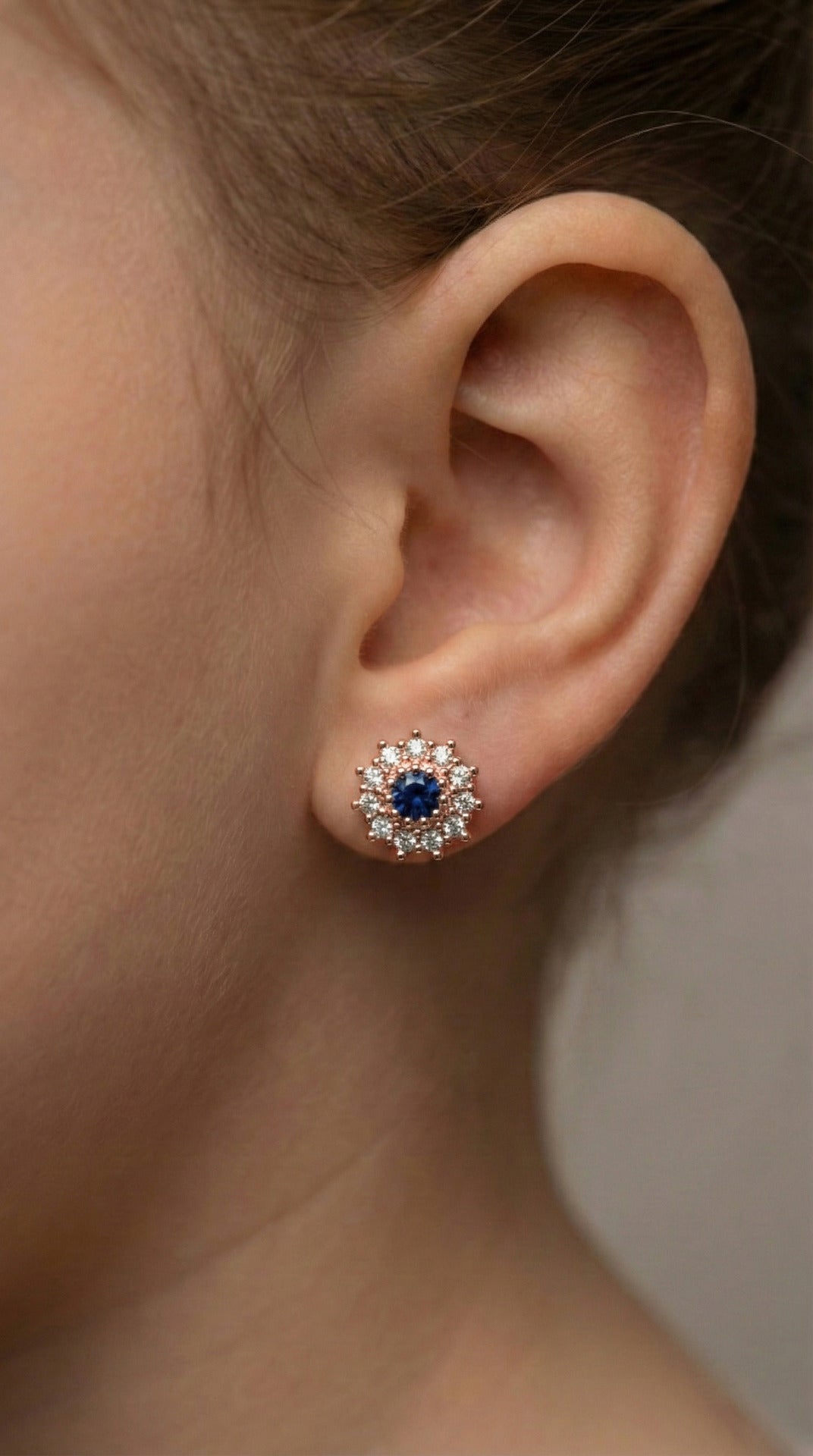 Sapphire Round Halo Minimalist Stud Earrings Rose Gold Plated Silver