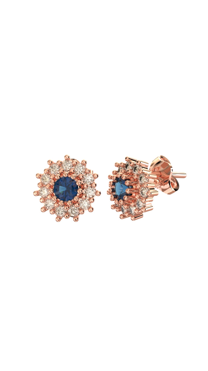 Sapphire Round Halo Minimalist Stud Earrings Rose Gold Plated Silver