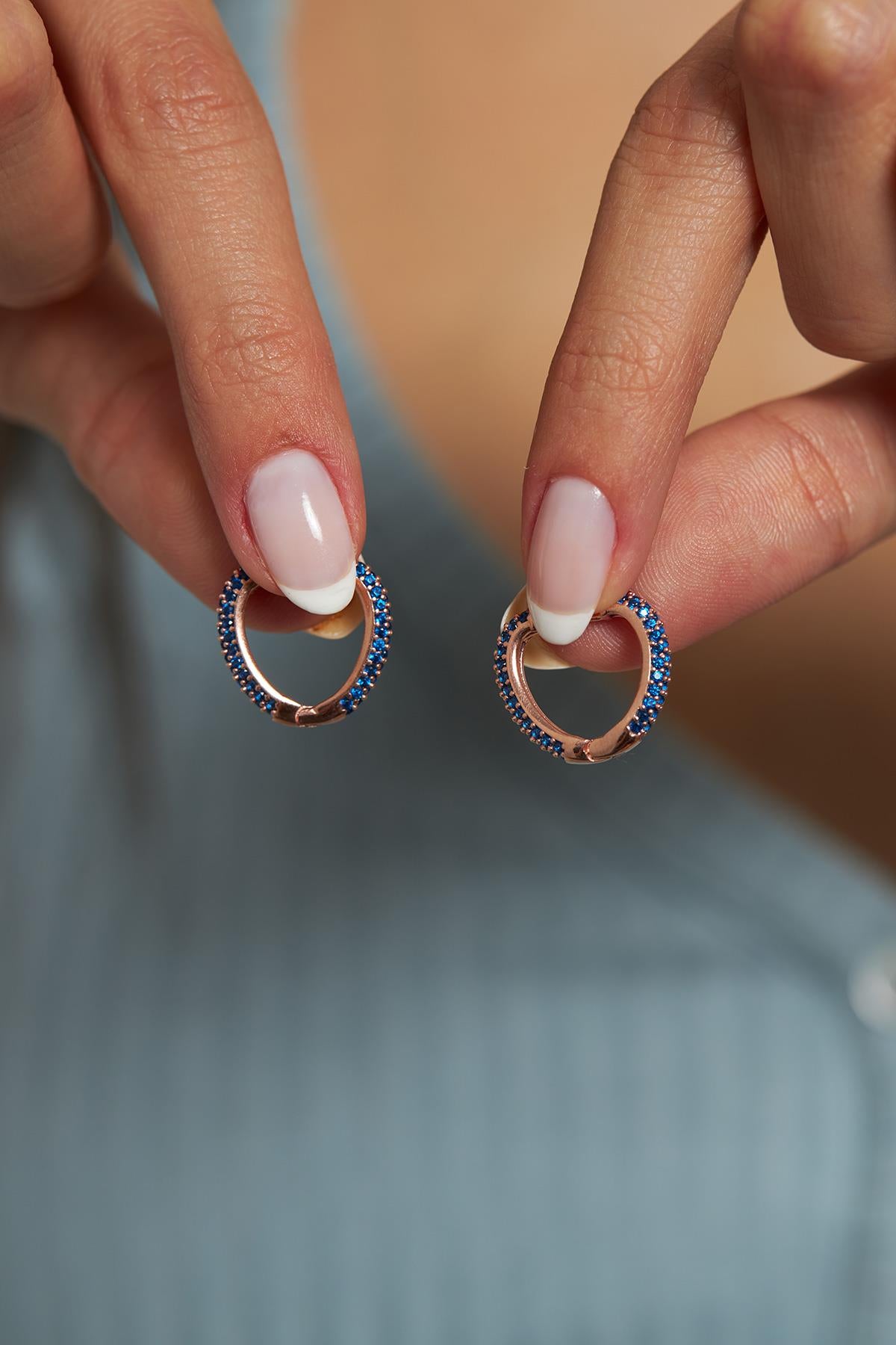 Rose Round Hoop Silver Earrings with Sapphire Stone