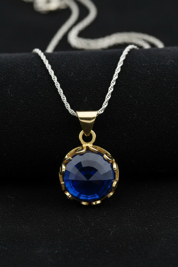 Gilded Waw Letter Sapphire Pendant Necklace | 925 Silver