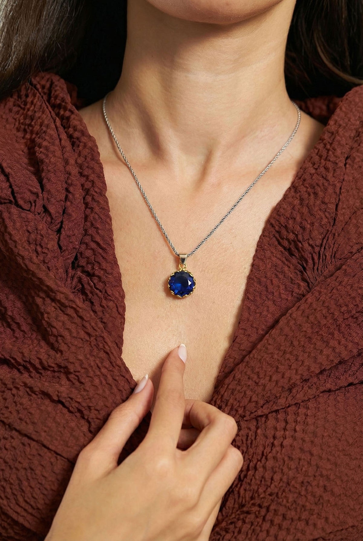 Gilded Waw Letter Sapphire Pendant Necklace | 925 Silver