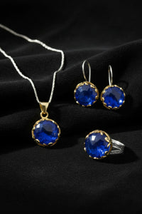 Parure de bijoux en argent 925 avec saphir Vav rond doré