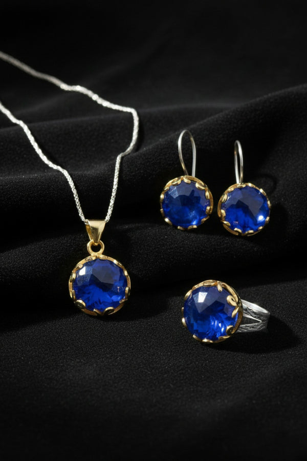 Parure de bijoux en argent 925 avec saphir Vav rond doré