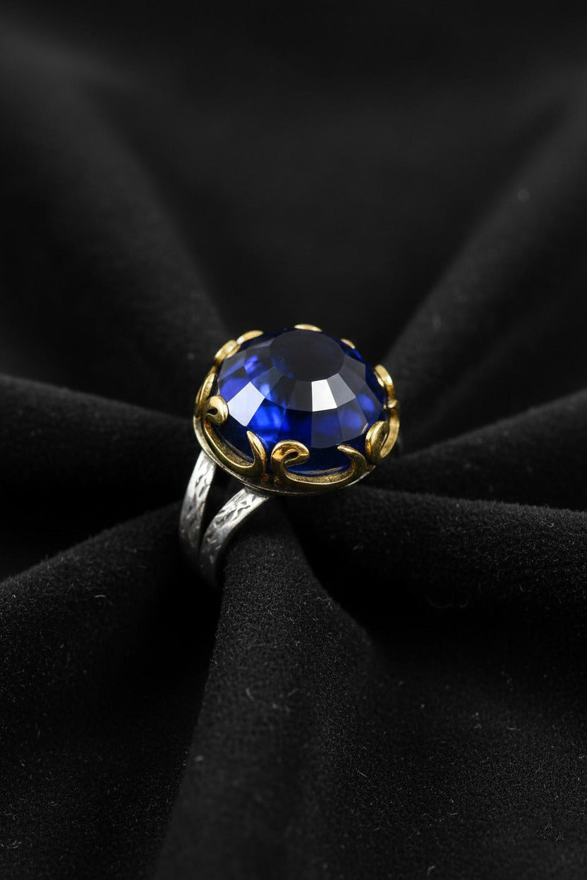 Parure de bijoux en argent 925 avec saphir Vav rond doré