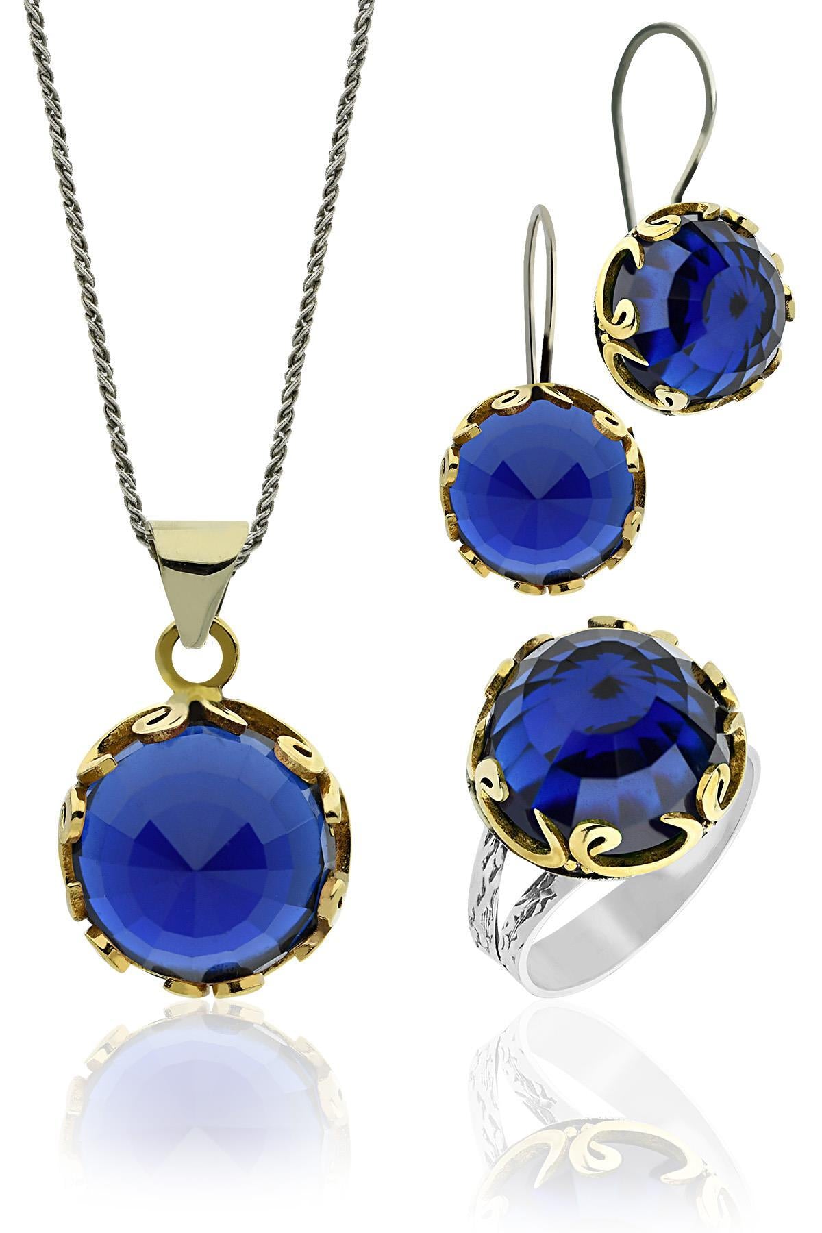 Safir Taşlı Vav Harfi Motifli Otantik Gümüş Kadın Set