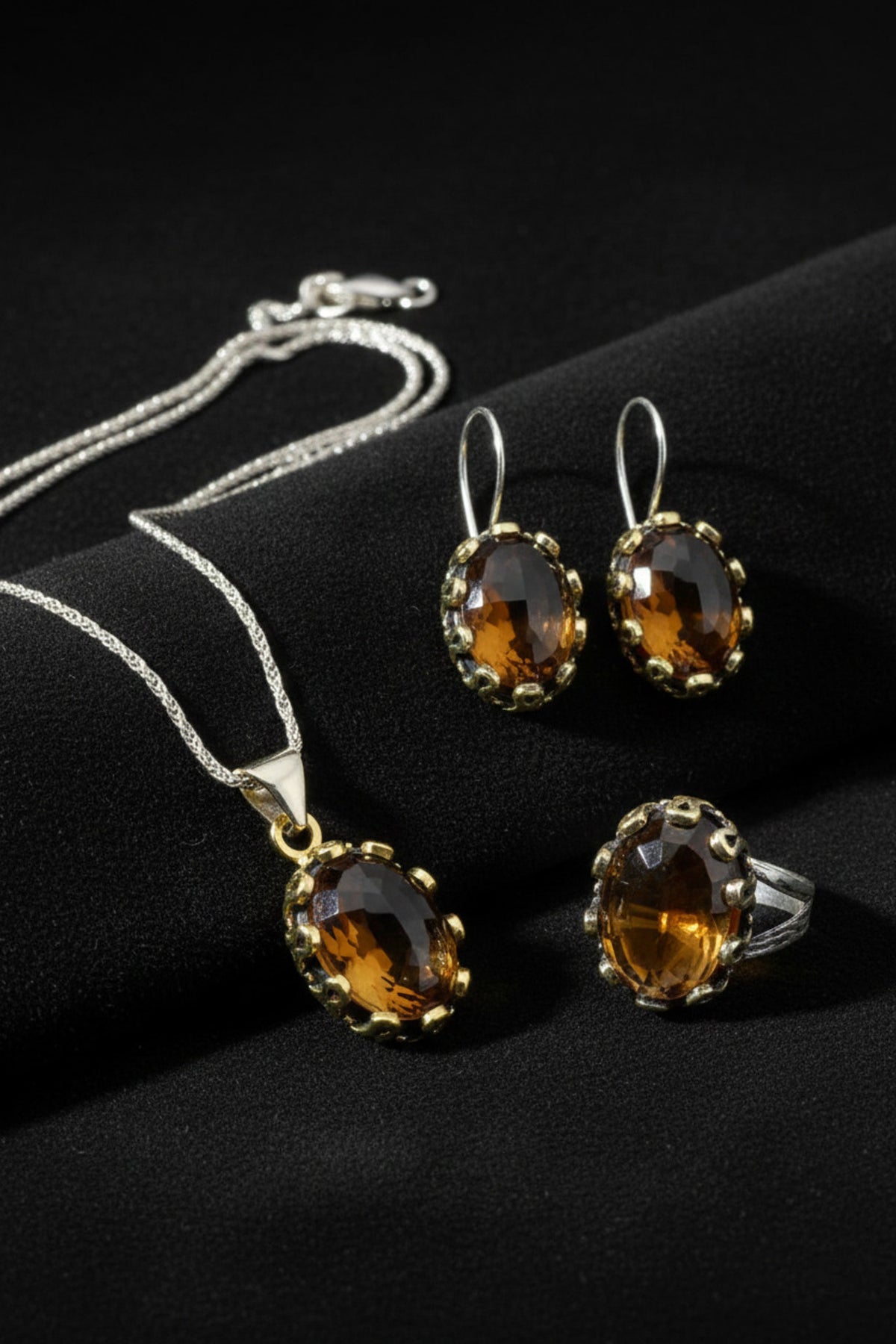 Gilded Oval Citrine Gemstone Jewelry Set in 925 sterling silver