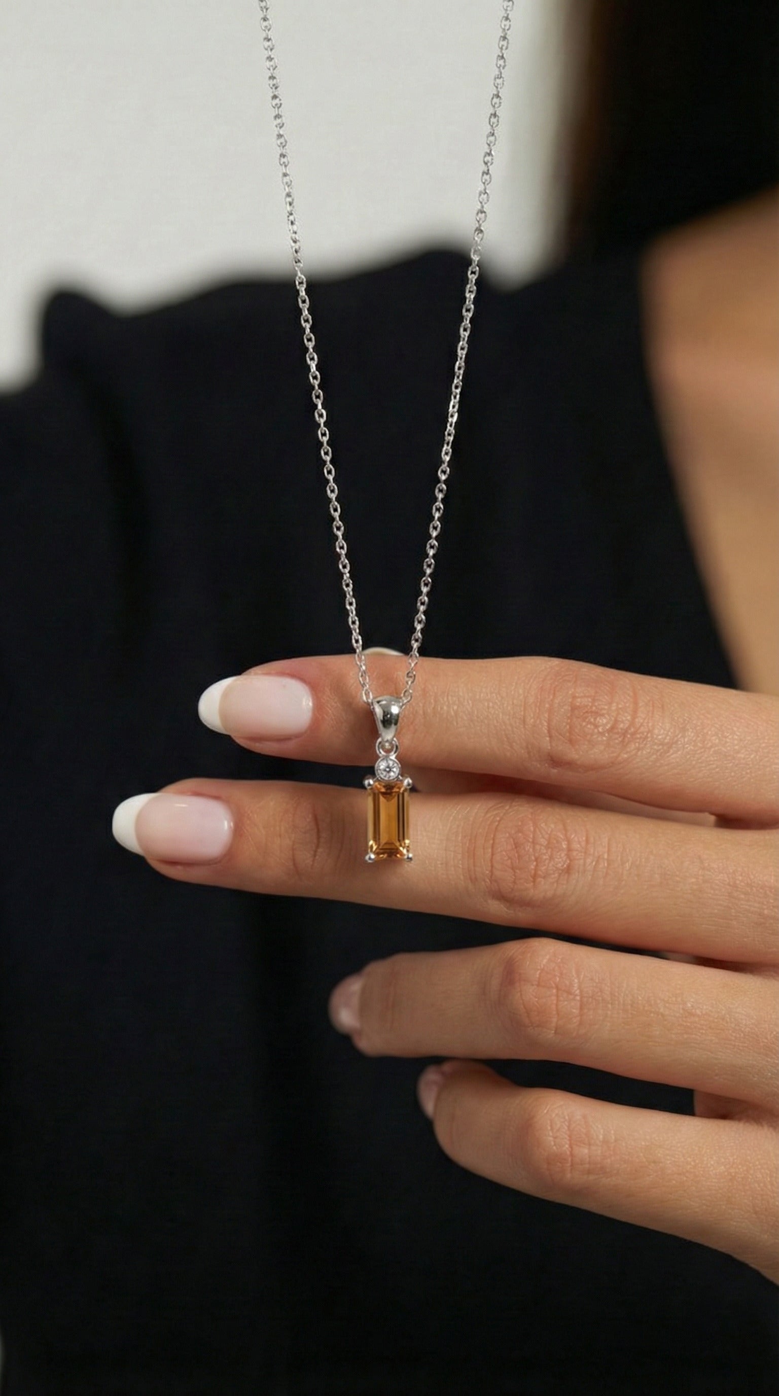Citrine Solitaire Baguette Necklace Rhodium Plated Silver
