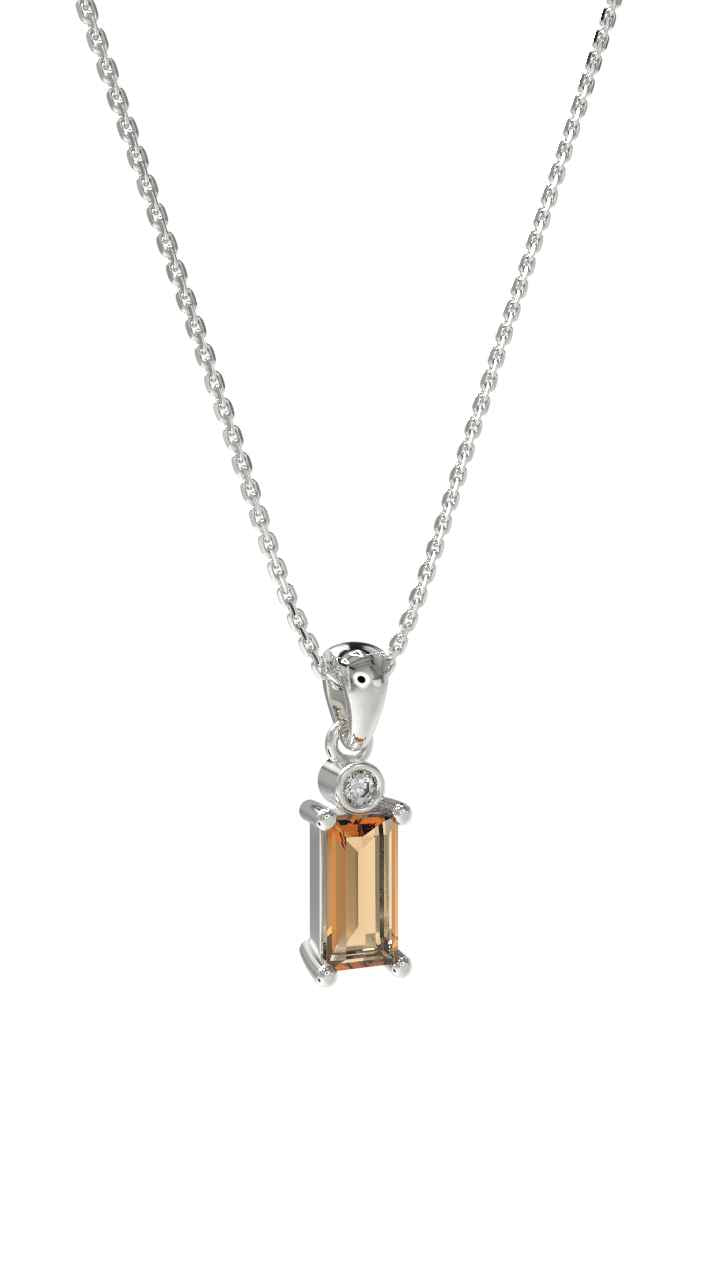 Citrine Solitaire Baguette Necklace Rhodium Plated Silver