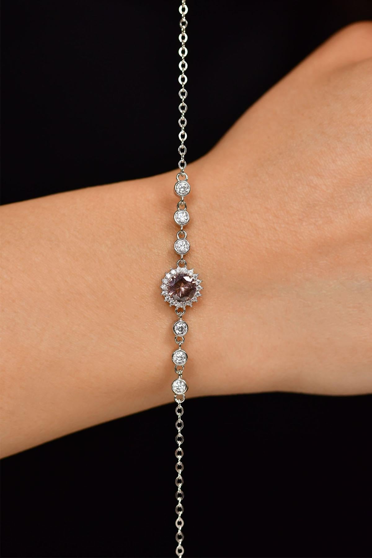 Citrine Round Halo Bracelet Rhodium Plated Silver