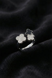 Black Enamel Rhodium-Plated Butterfly Clover Adjustable Silver Ring