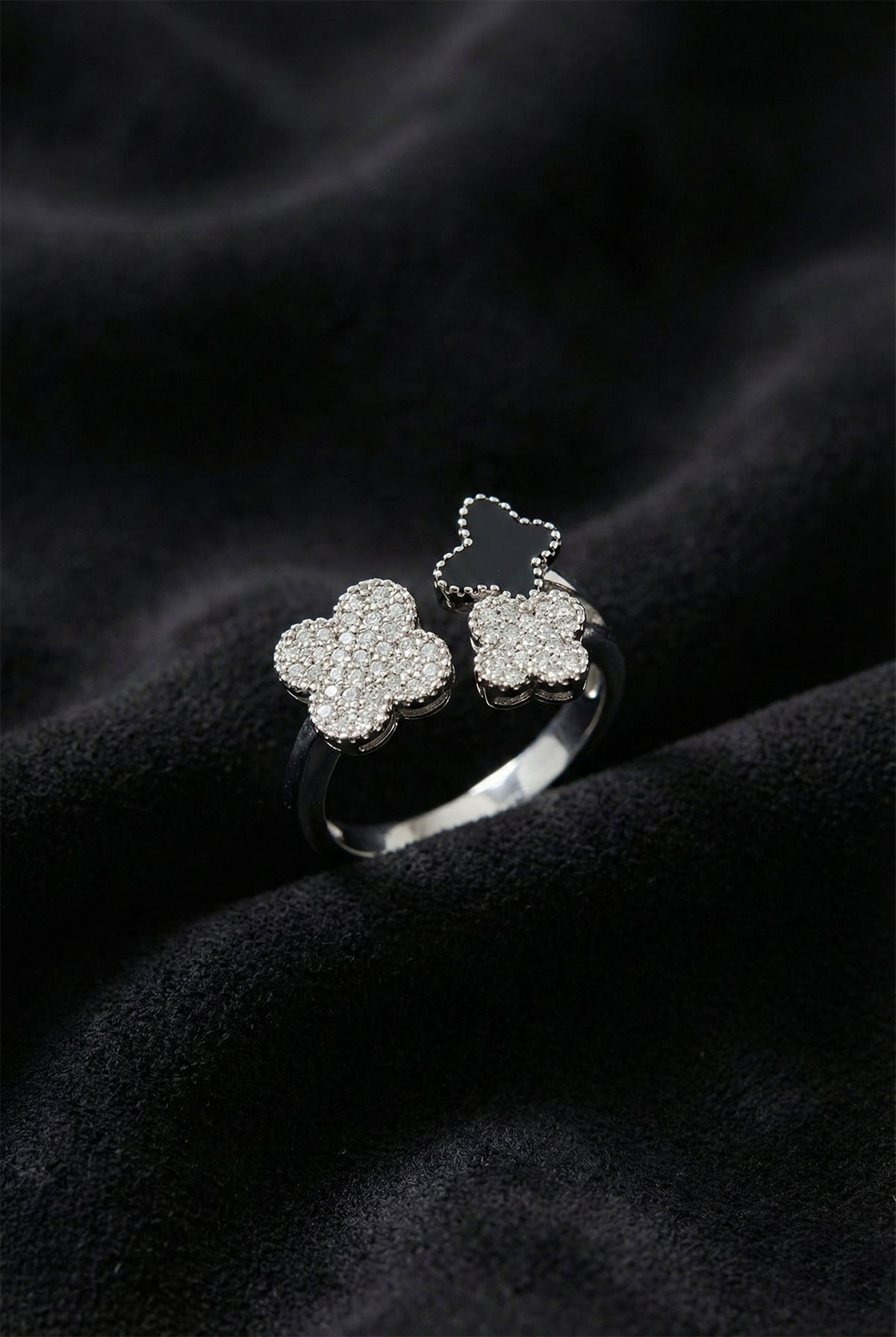 Black Enamel Butterfly Clover, Adjustable Ring in 925 sterling silver