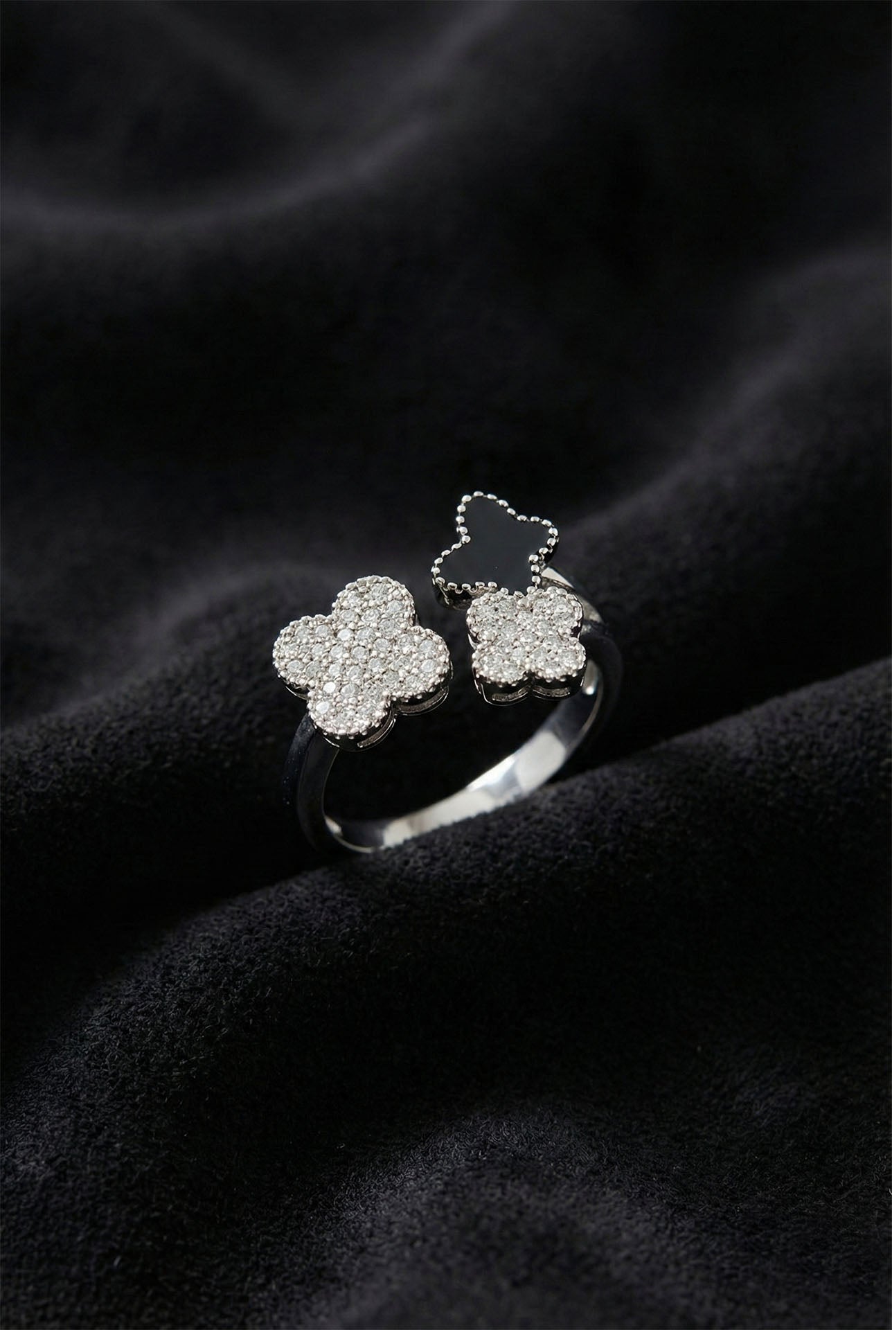 Black Enamel Rhodium-Plated Butterfly Clover Adjustable Silver Ring
