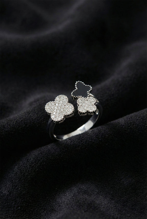 Black Enamel Rhodium-Plated Butterfly Clover Adjustable Silver Ring