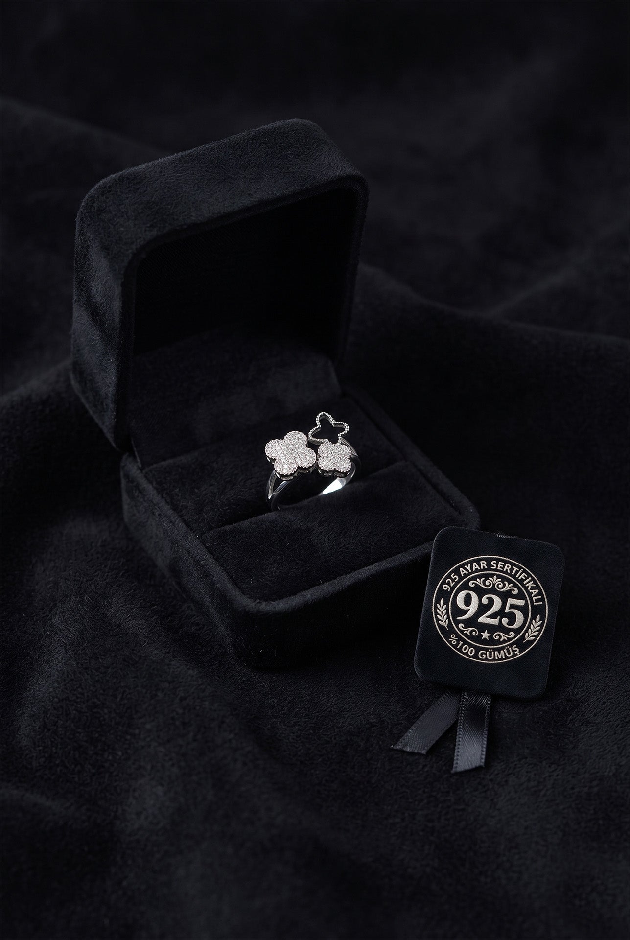 Black Enamel Rhodium-Plated Butterfly Clover Adjustable Silver Ring